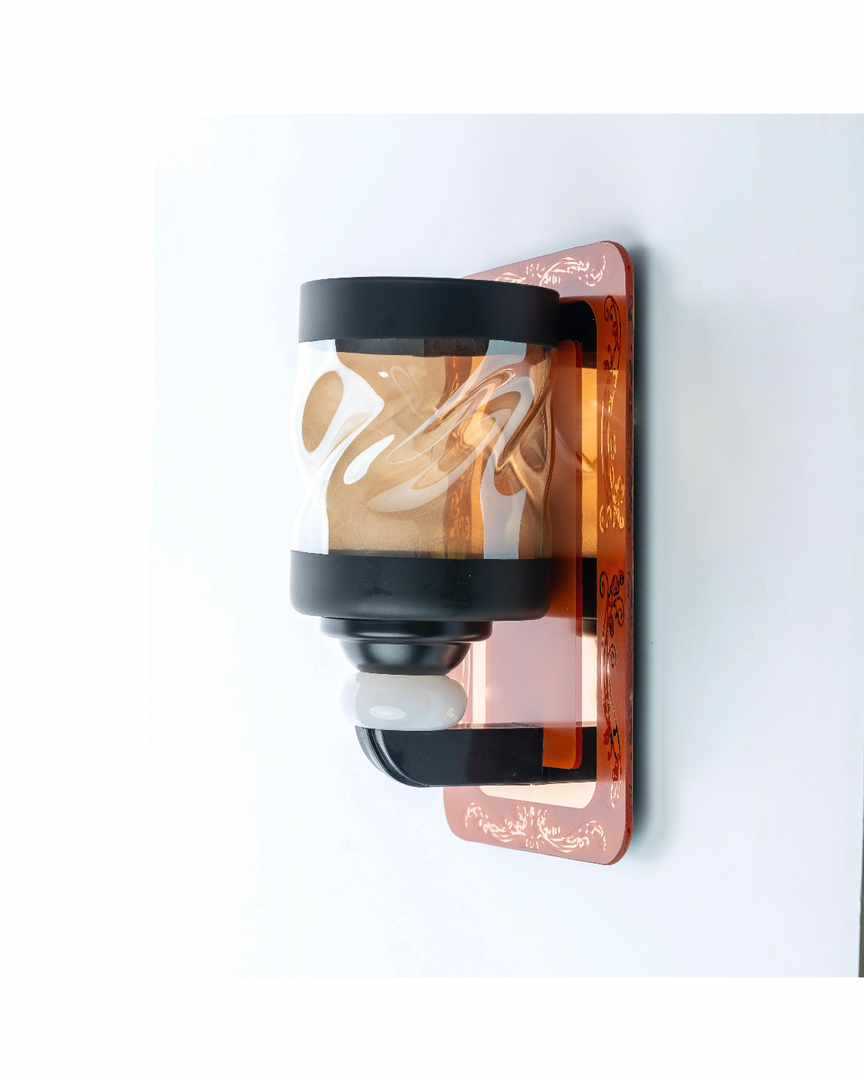 Vintage-Inspired Wall Light – Amber Glass with Floral Red Backplate