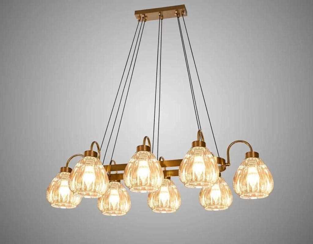 8-Bulb Hanging Chandelier – Gold Finish with Textured Glass Shades