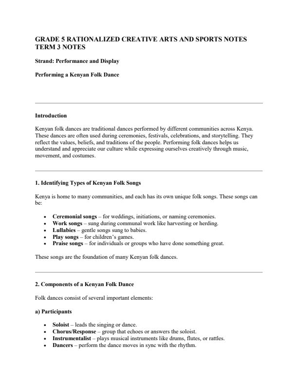 Grade 5 Creative Arts and Sports Notes Term 3