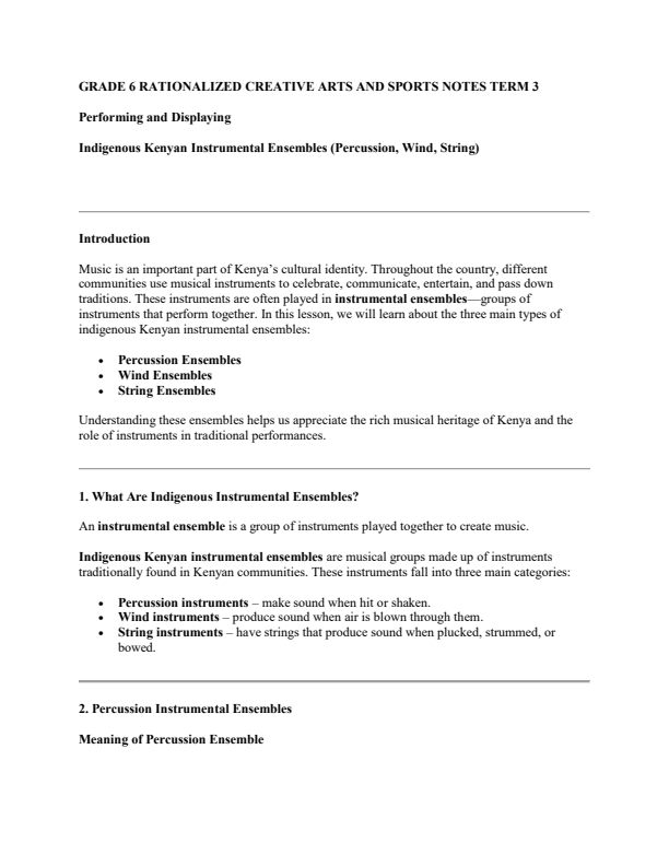 Grade 6 Creative Arts and Sports Notes Term 3