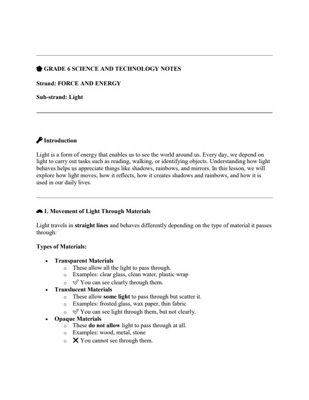 Grade 6 Science and Technology Notes Term 3