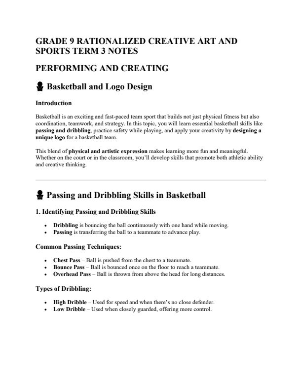Grade 9 Creative Arts and Sports Notes Term 3
