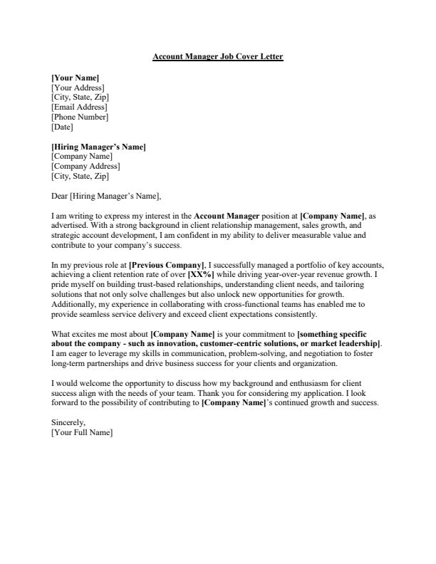 Sample Account Manager Job Cover Letter