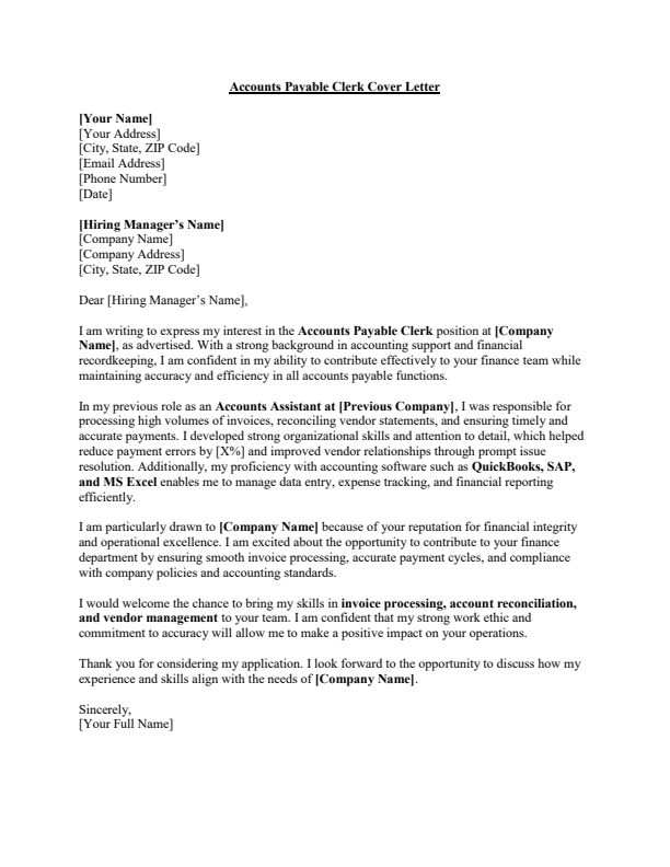 Sample Accounts Payable Clerk Job Cover Letter