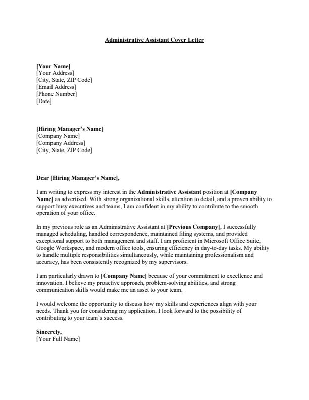 Sample Administrative Assistant Cover Letter