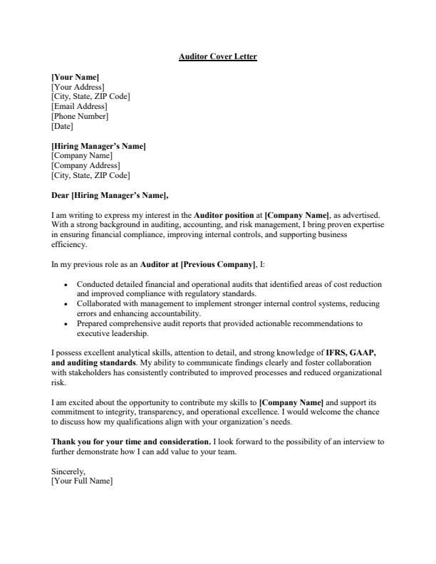 Sample Auditor Job Cover Letter