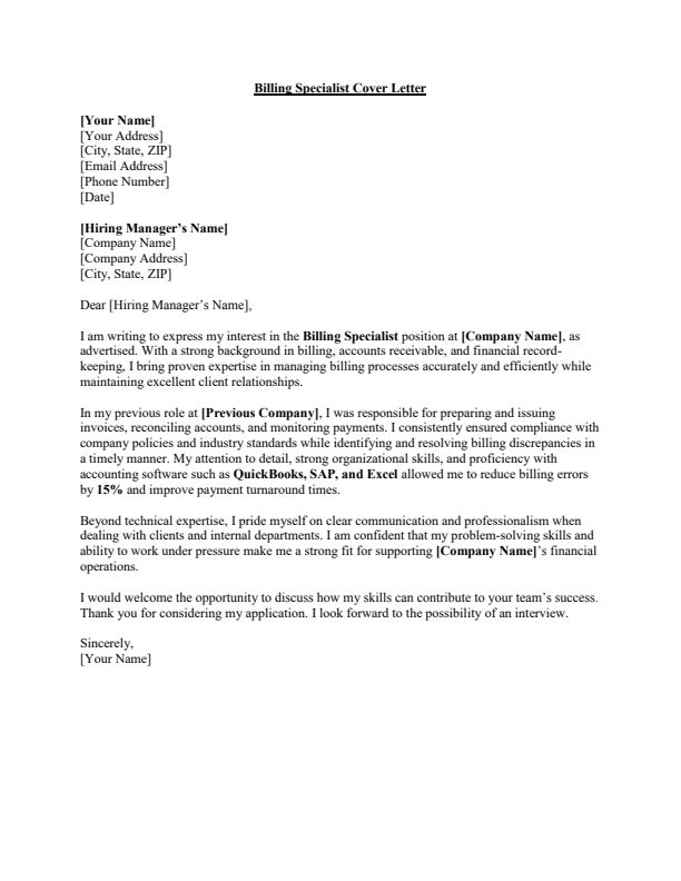 Sample Billing Specialist Cover Letter