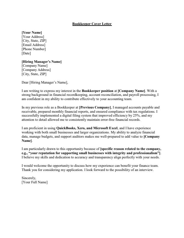 Sample Bookkeeper Job Cover Letter