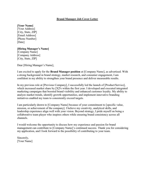 Sample Brand Manager Job Cover Letter