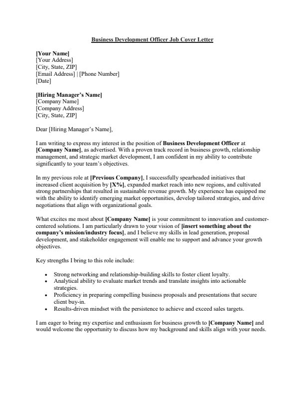 Sample Business Development Officer Job Cover Letter