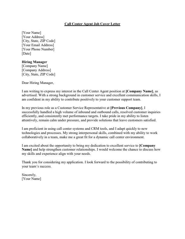 Sample Call Center Agent Job Cover Letter