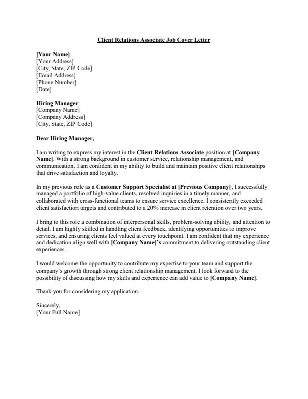 Sample Client Relations Associate Job Cover Letter