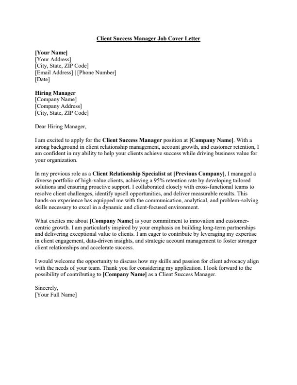 Sample Client Success Manager Job Cover Letter