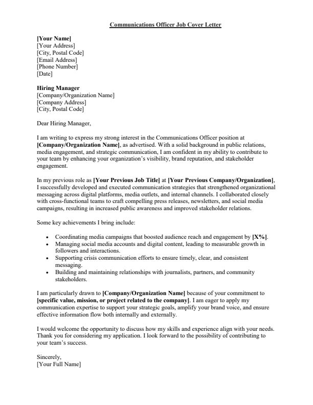 Sample Communications Officer Job Cover Letter