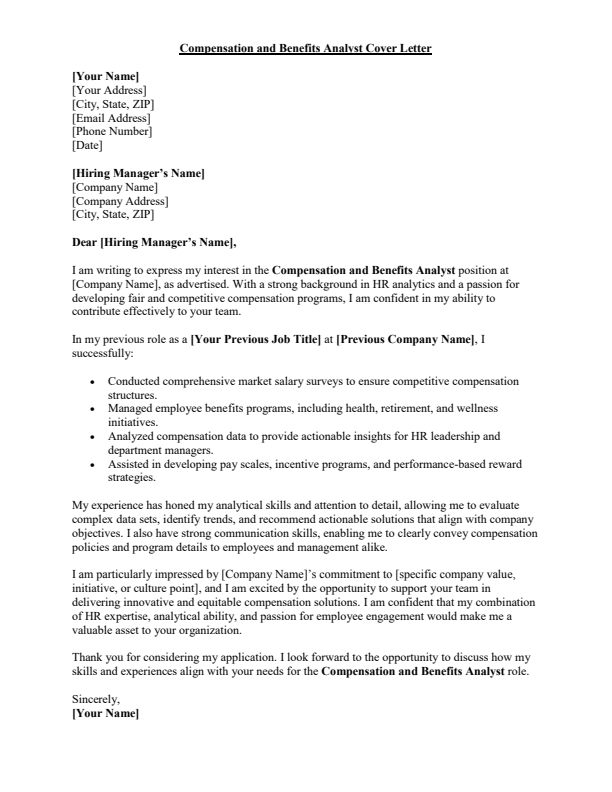 Sample Compensation and Benefits Analyst Job Cover Letter