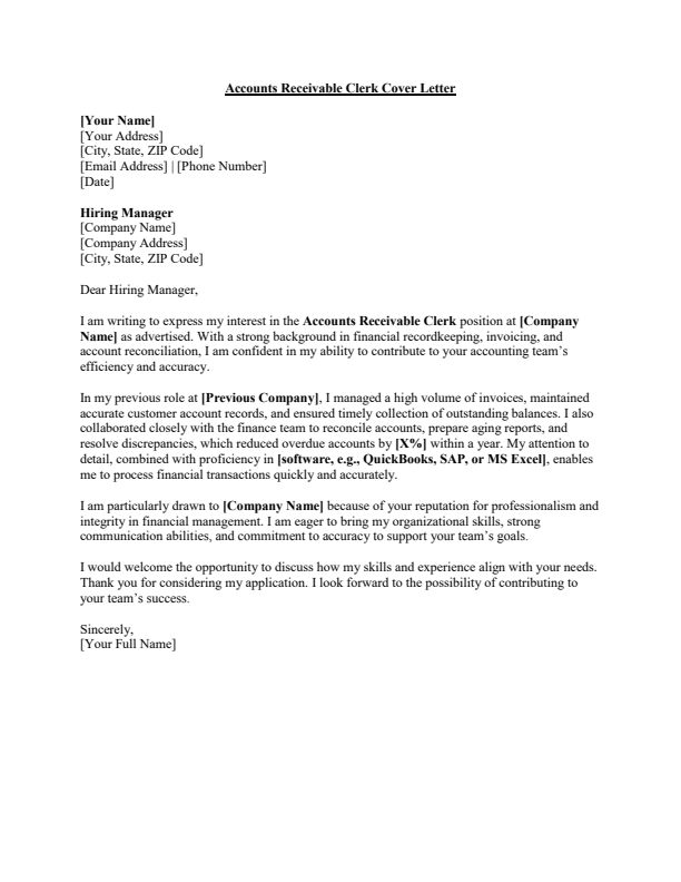 Sample Job Cover Letter for Accounts Receivable Clerk