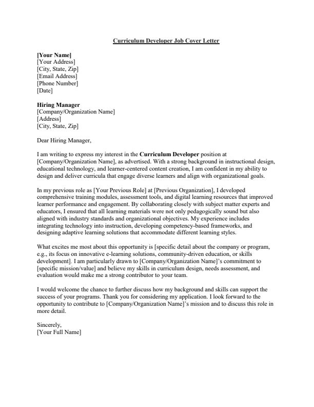 Sample Curriculum Developer Job Cover Letter