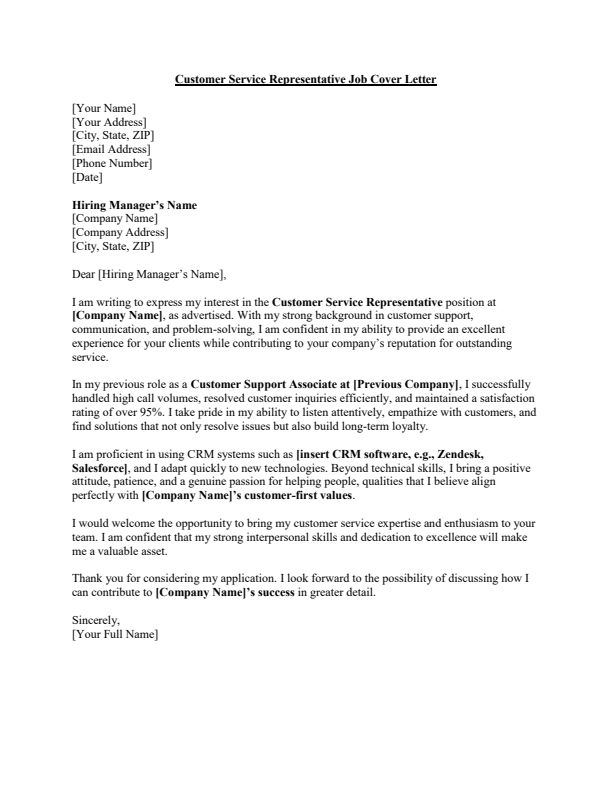 Sample Customer Service Representative Job Cover Letter