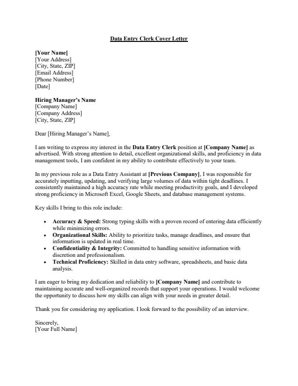Sample Data Entry Clerk Cover Letter