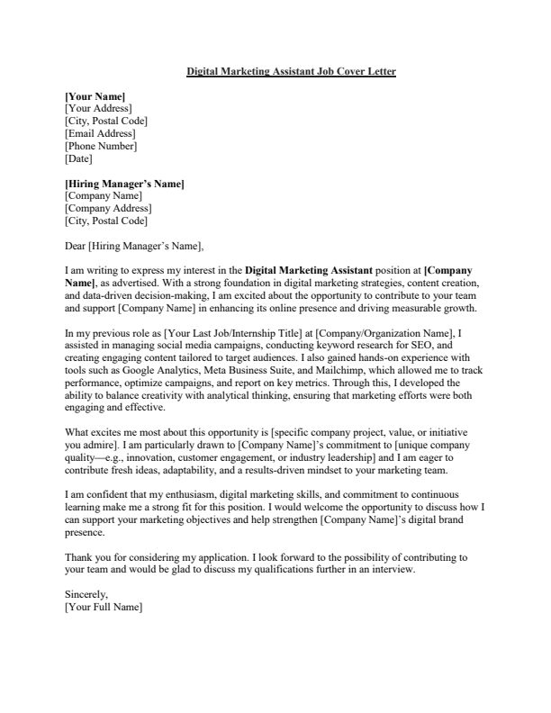 Sample Digital Marketing Assistant Job Cover Letter