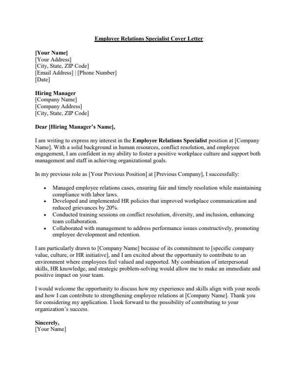 Sample Employee Relations Specialist Job Cover Letter
