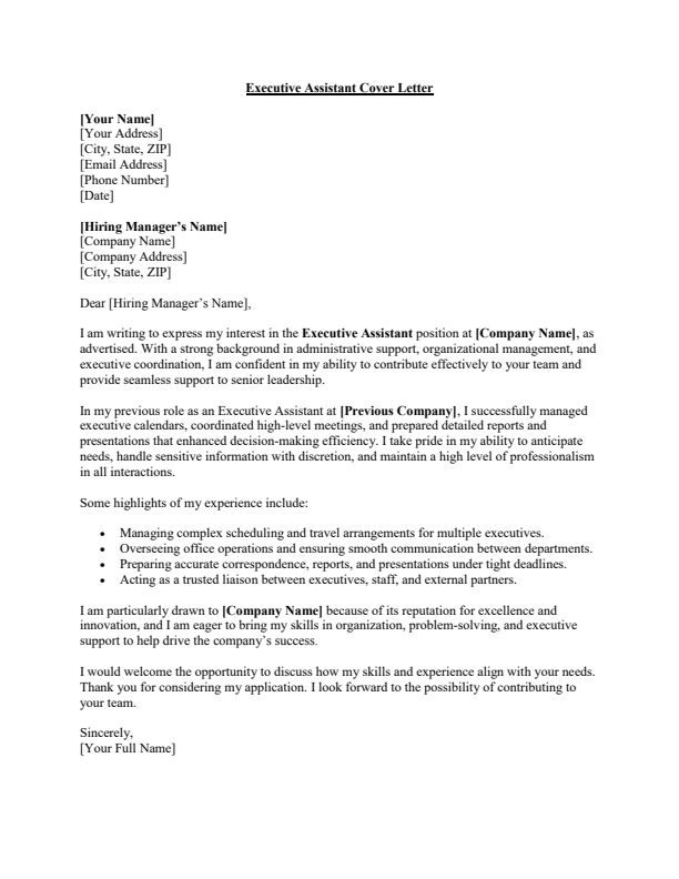 Sample Executive Assistant Cover Letter