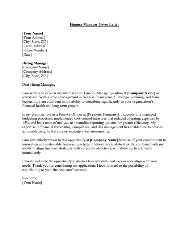 Sample Finance Manager Job Cover Letter