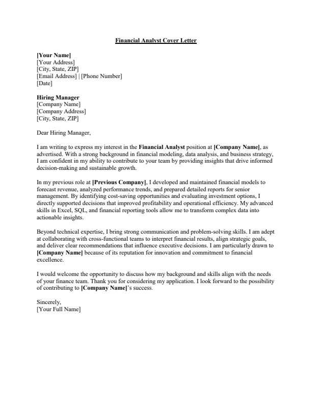 Sample Financial Analyst Job Cover Letter