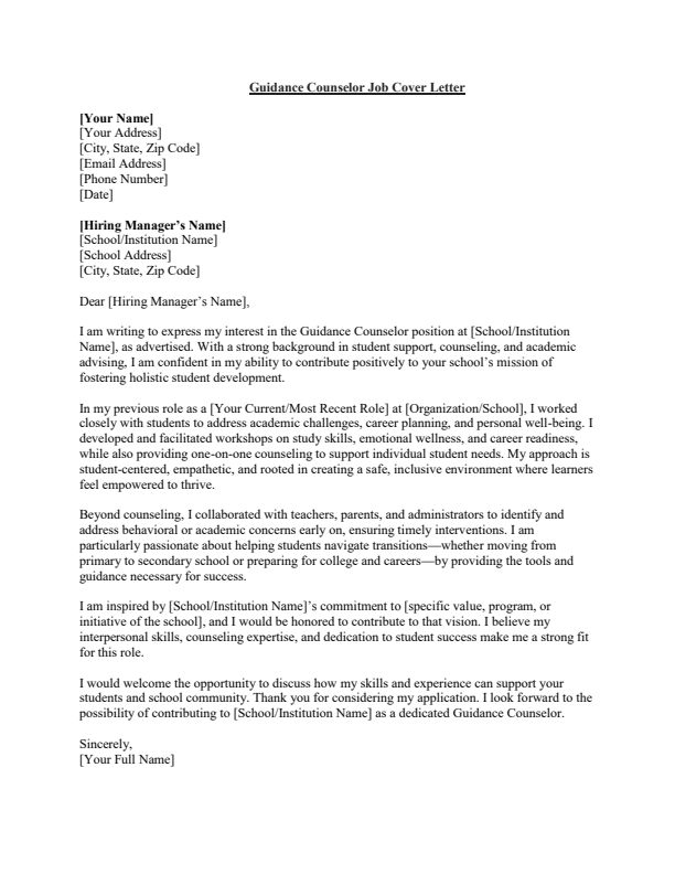 Sample Guidance Counselor Job Cover Letter