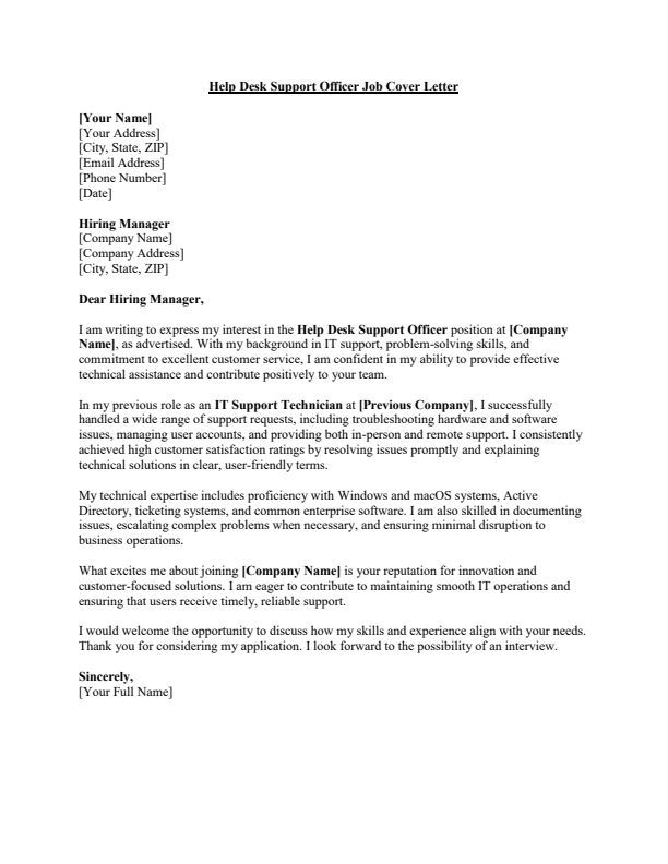 Sample Help Desk Support Officer Job Cover Letter