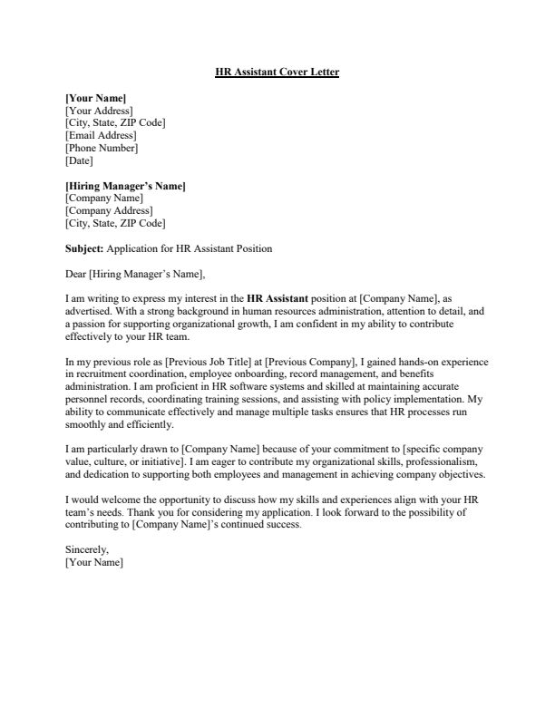 Sample HR Assistant Job Cover Letter