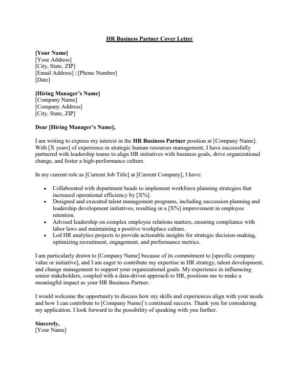Sample HR Business Partner Job Cover Letter