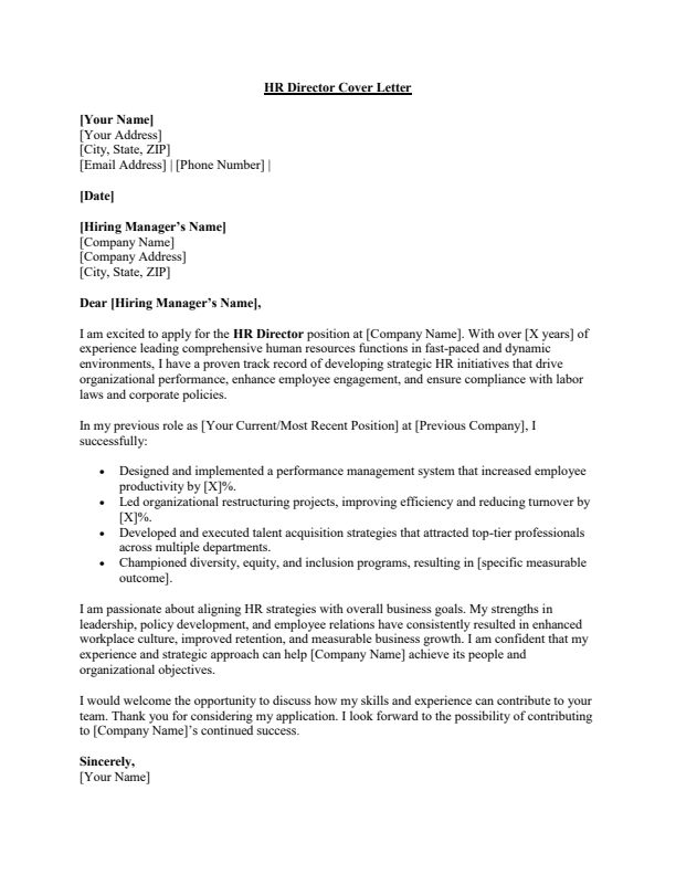 Sample HR Director Job Cover Letter