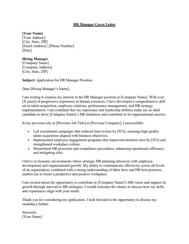 Sample HR Manager Cover Letter