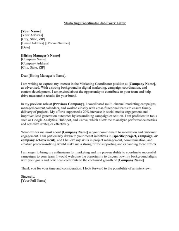 Sample Marketing Coordinator Job Cover Letter