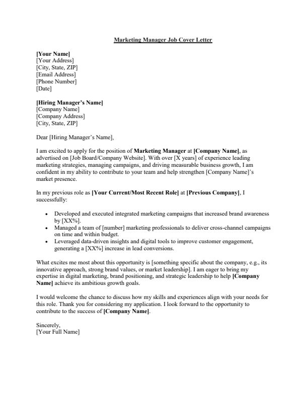 Sample Marketing Manager Job Cover Letter