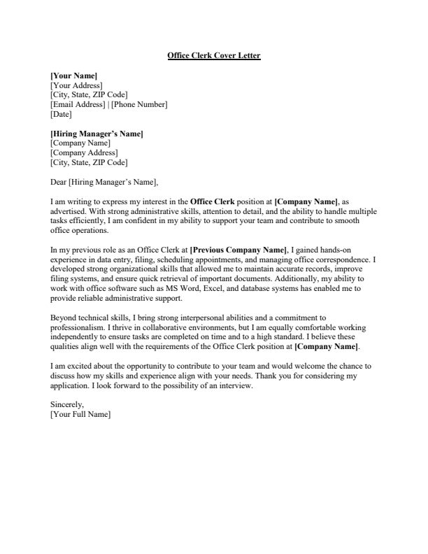 Sample Office Clerk Cover Letter