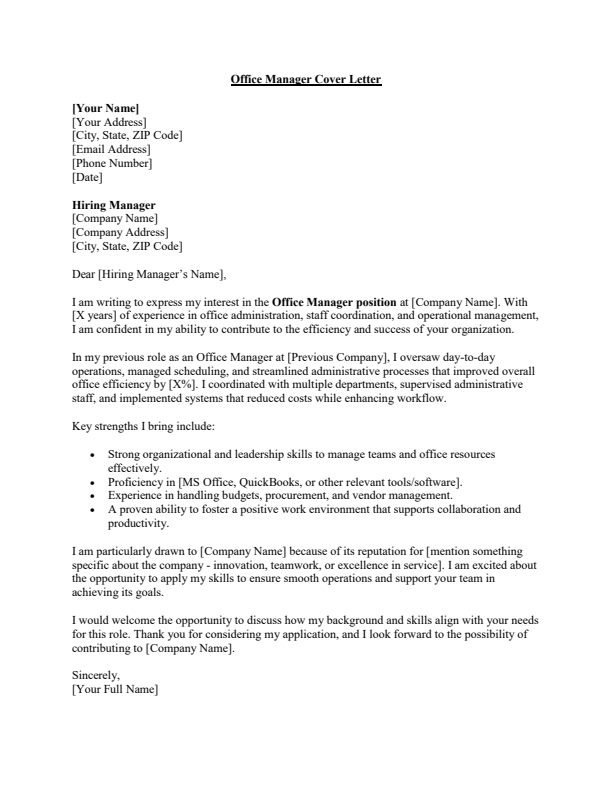Sample Office Manager Cover Letter