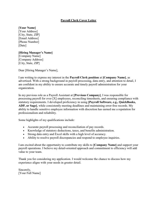 Sample Payroll Clerk Job Cover Letter