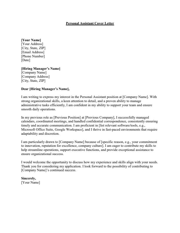 Sample Personal Assistant Cover Letter