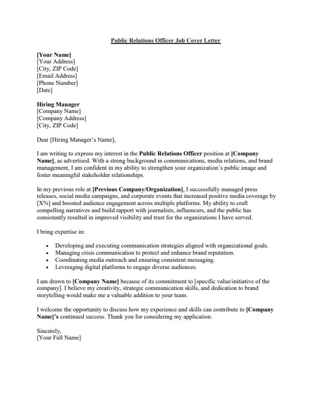Sample Public Relations Officer Job Cover Letter