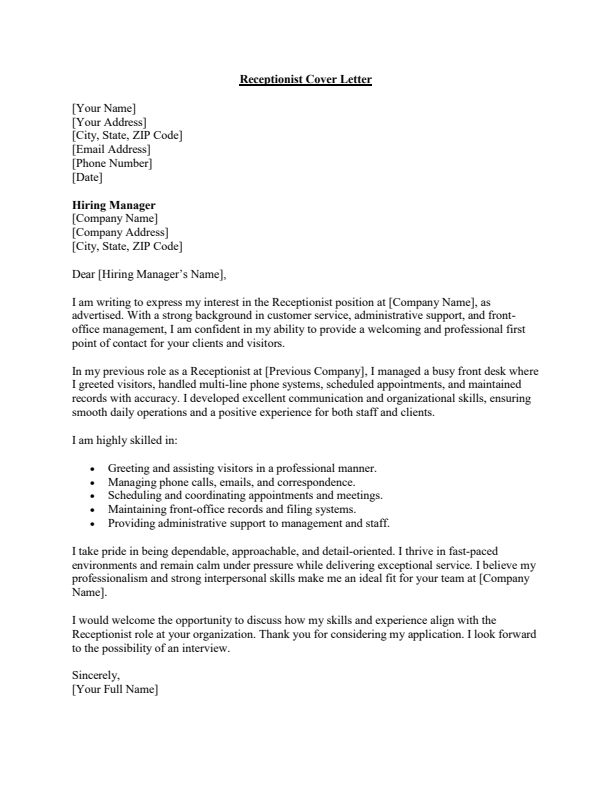 Sample Receptionist Cover Letter