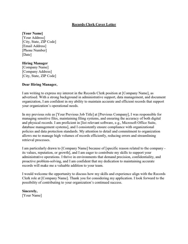 Sample Records Clerk Cover Letter