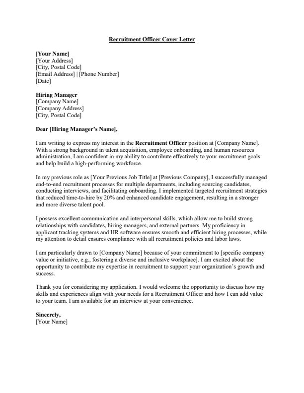 Sample Recruitment Officer Job Cover Letter