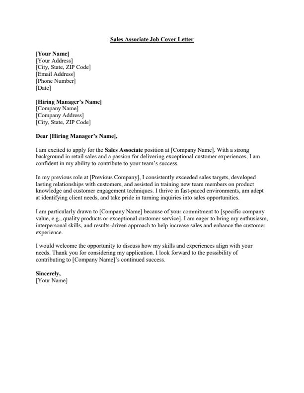 Sample Sales Associate Job Cover Letter