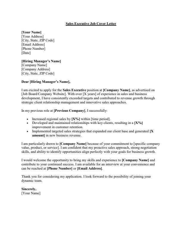 Sample Sales Executive Job Cover Letter