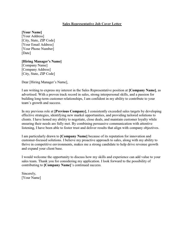 Sample Sales Representative Job Cover Letter