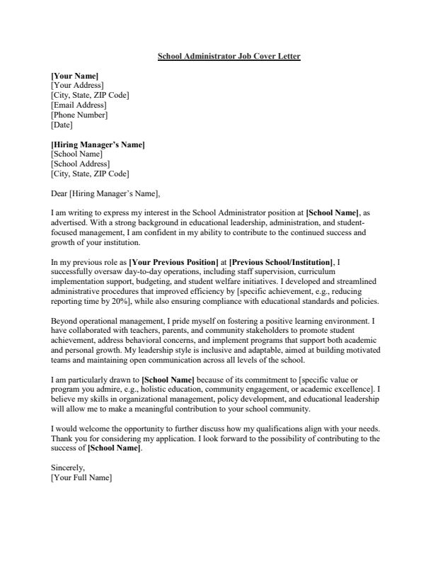 Sample School Administrator Job Cover Letter