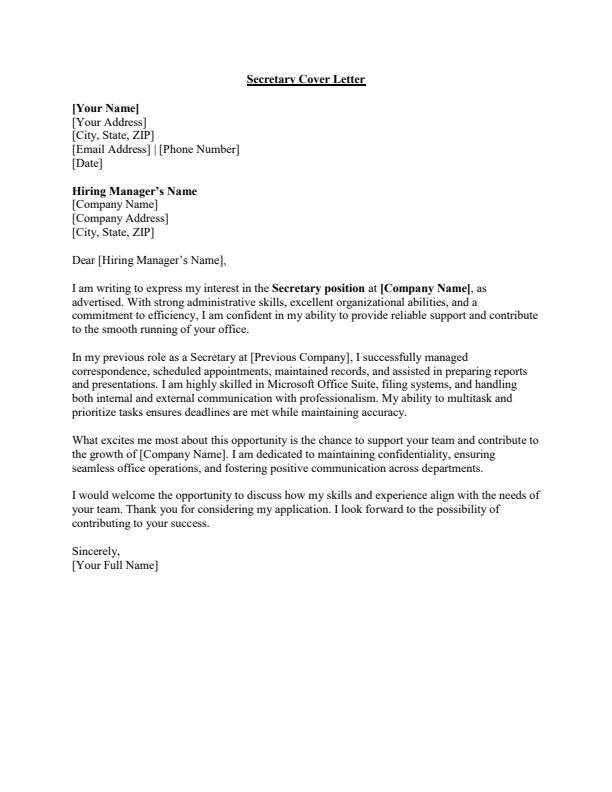 Sample Secretary Cover Letter