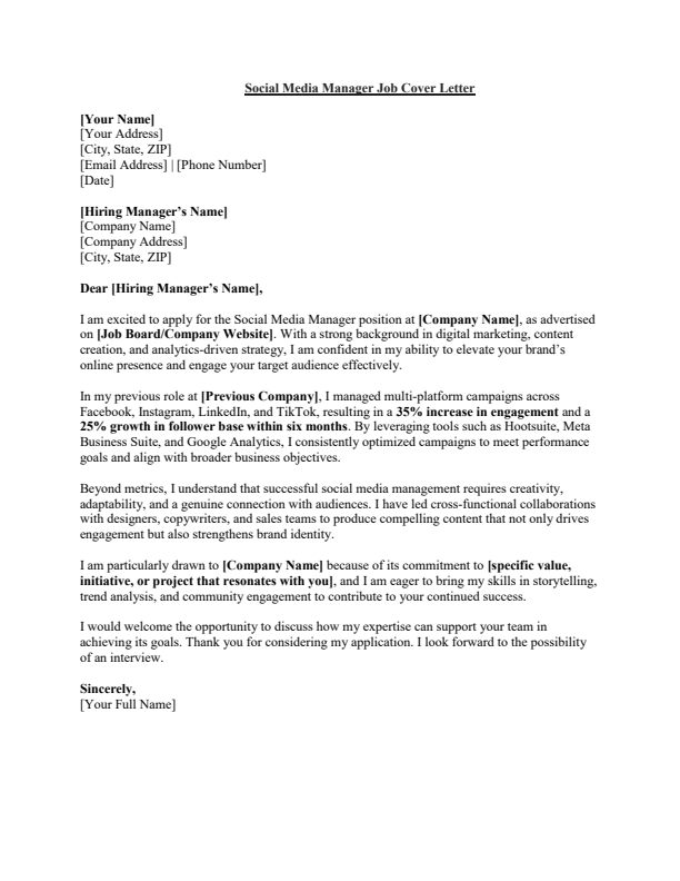 Sample Social Media Manager Job Cover Letter